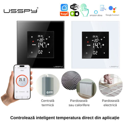 Termostat cu fir USSPY®, rama sticla, control touch, smart home, Wifi, controlabil din aplicatia Tuya, Smart Life, Auriu