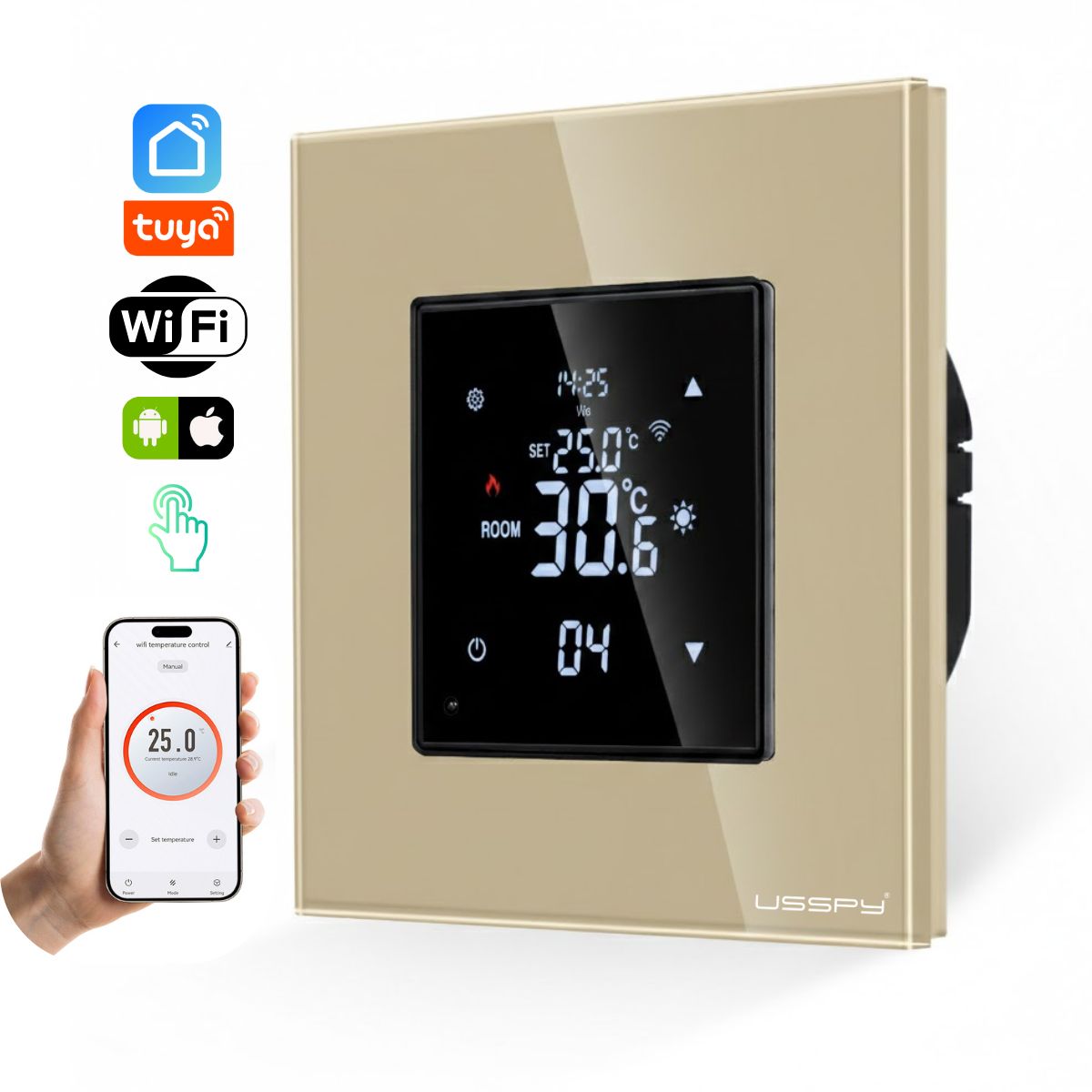 Termostat cu fir USSPY®, rama sticla, control touch, smart home, Wifi, controlabil din aplicatia Tuya, Smart Life, Auriu