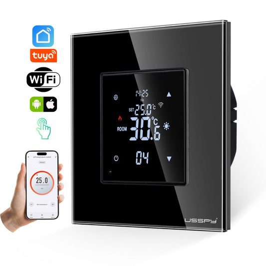 Termostat cu fir USSPY®, rama sticla, control touch, smart home, Wifi, controlabil din aplicatia Tuya, Smart Life, Negru