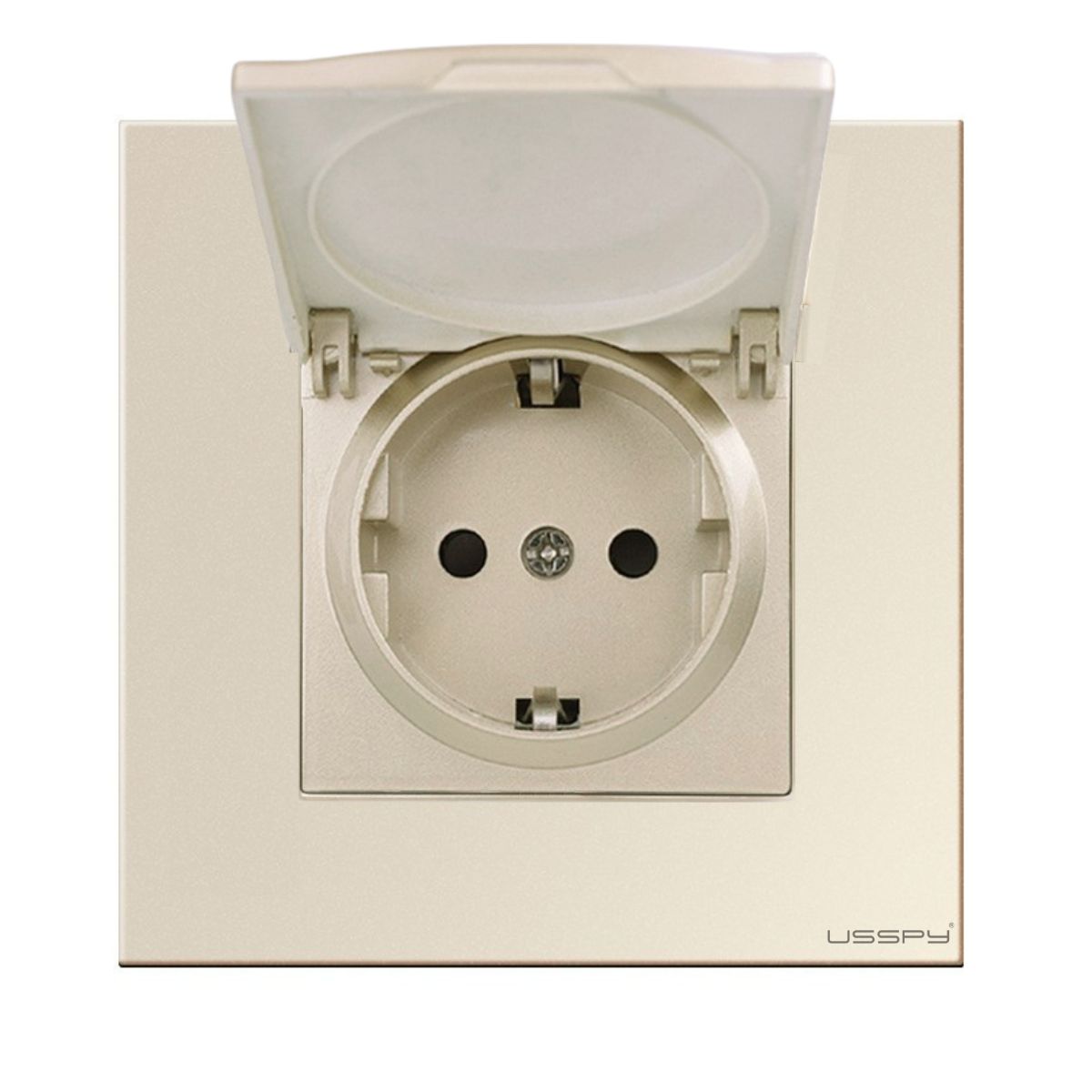 Priza cu capac, rama din sticla securizata , USSPY®, protectie copii, schuko 16A, auriu