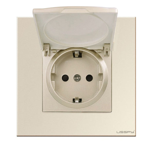 Priza cu capac, rama din sticla securizata , USSPY®, protectie copii, schuko 16A, auriu