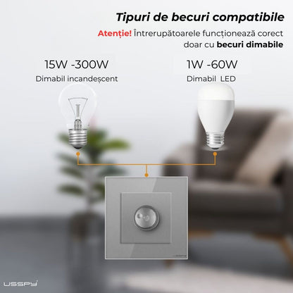 Intrerupator cu variator dimmer, rama sticla securizata, USSPY®, auriu