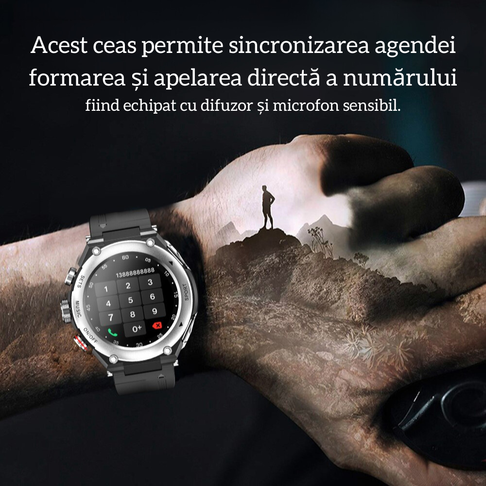 Ceas smartwatch cu casti Bluetooth incorporate, 3 in 1, USSPY, ritm cardiac, tensiune arteriala, calorii, temperatura corporala, monitor de somn, pedometru si tracker de fitness, negru