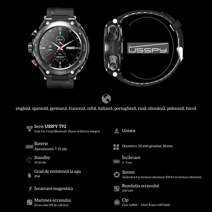 Ceas smartwatch cu casti Bluetooth incorporate, 3 in 1, USSPY, ritm cardiac, tensiune arteriala, calorii, temperatura corporala, monitor de somn, pedometru si tracker de fitness, negru