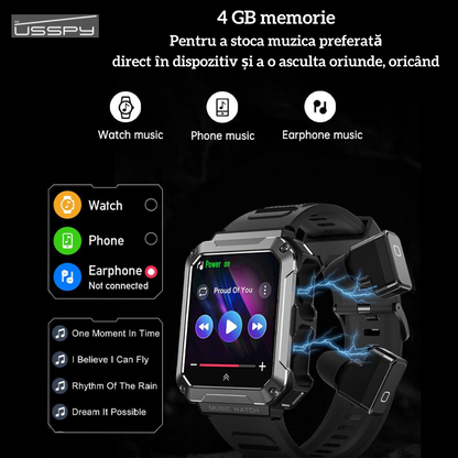Ceas smartwatch cu casti Bluetooth incorporate, USSPY, ritm cardiac, tensiune arteriala, calorii, monitor de somn, pedometru si tracker de fitness, afisaj HD de 1,96 inchi, portocaliu