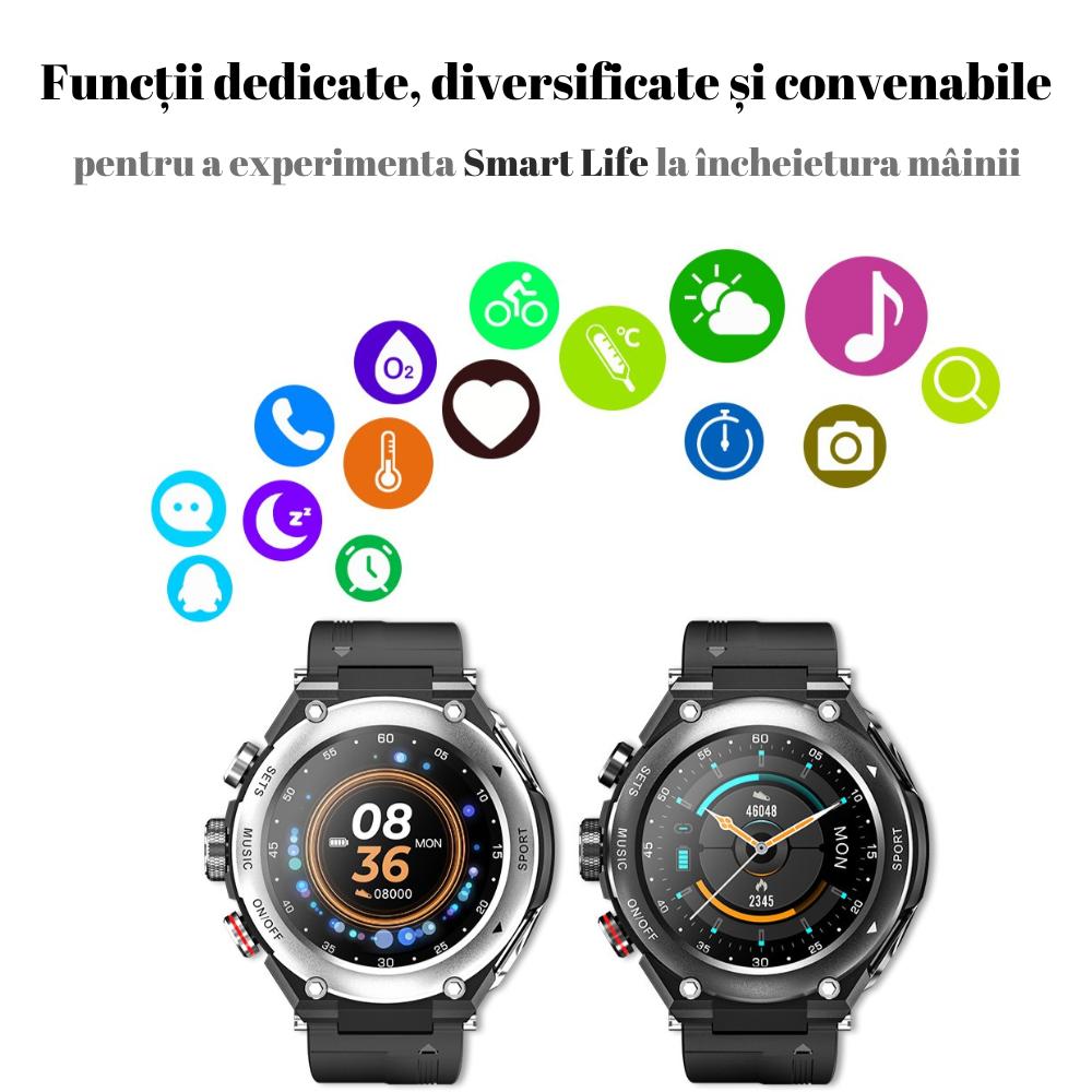 Ceas smartwatch cu casti Bluetooth incorporate, 3 in 1, USSPY, ritm cardiac, tensiune arteriala, calorii, temperatura corporala, monitor de somn, pedometru si tracker de fitness, negru