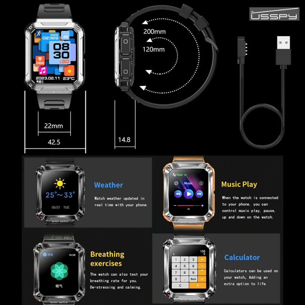 Ceas smartwatch cu casti Bluetooth incorporate, USSPY, ritm cardiac, tensiune arteriala, calorii, monitor de somn, pedometru si tracker de fitness, afisaj HD de 1,96 inchi, portocaliu