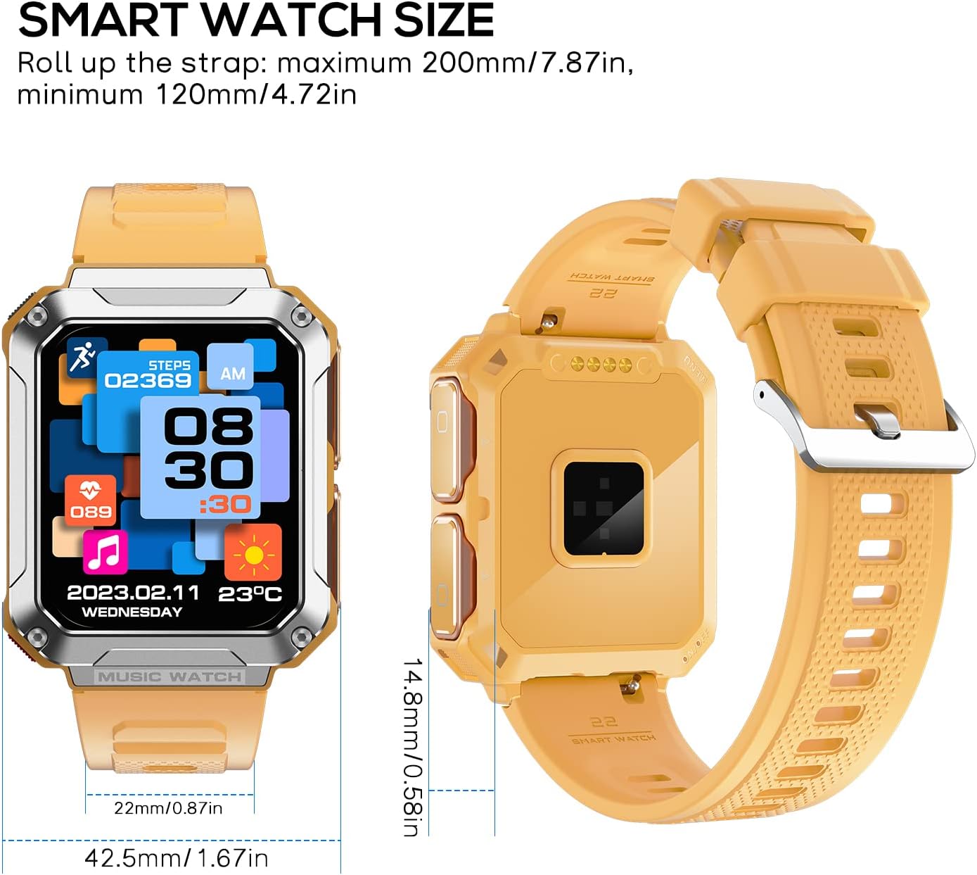 Ceas smartwatch cu casti Bluetooth incorporate, USSPY, ritm cardiac, tensiune arteriala, calorii, monitor de somn, pedometru si tracker de fitness, afisaj HD de 1,96 inchi, portocaliu