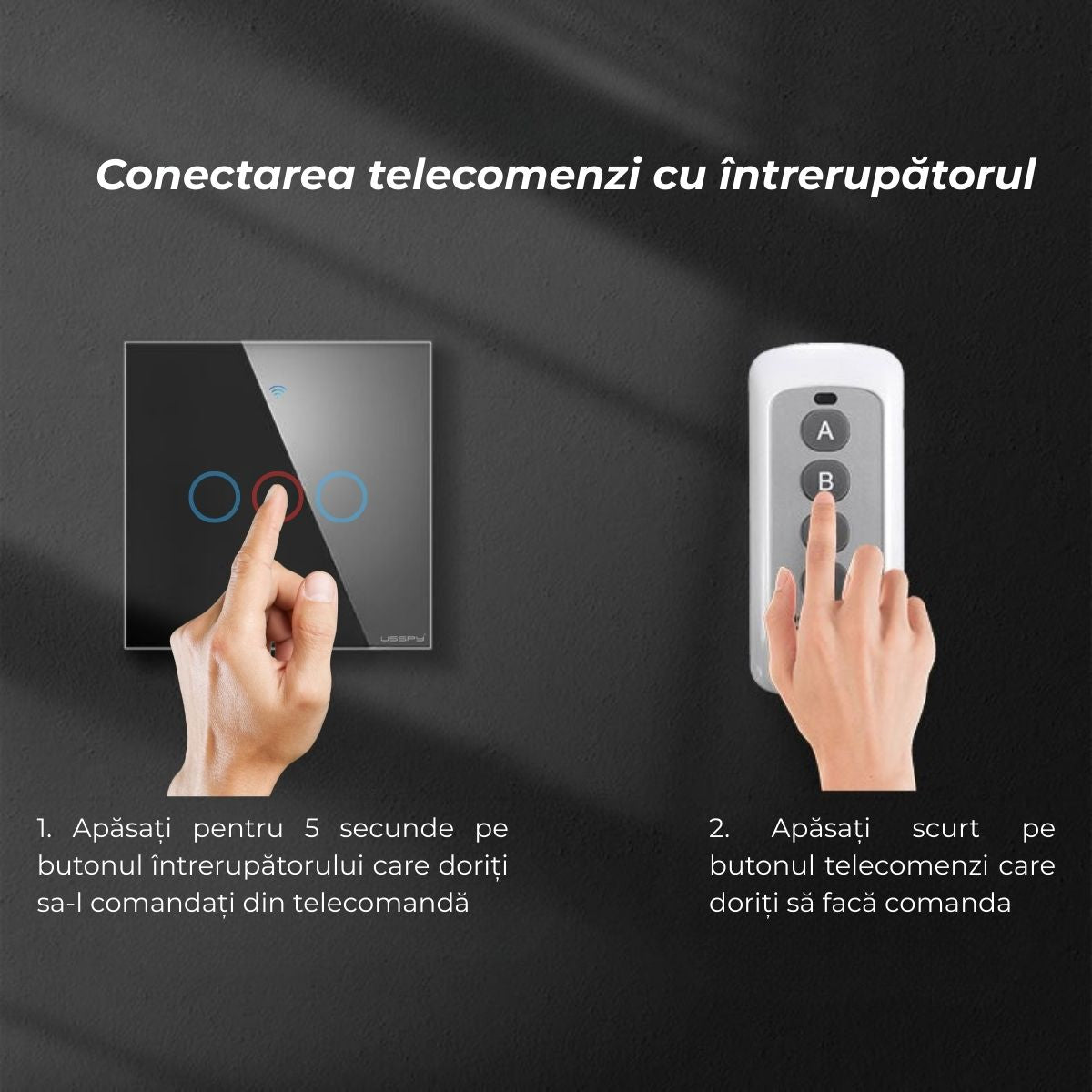 Telecomanda pentru Intrerupatoare tactile cu rama din sticla USSPY®, 4 comenzi/becuri alb negru gri auriu