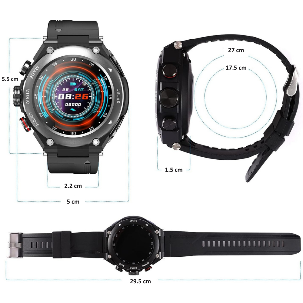 Ceas smartwatch cu casti Bluetooth incorporate, 3 in 1, USSPY, ritm cardiac, tensiune arteriala, calorii, temperatura corporala, monitor de somn, pedometru si tracker de fitness, negru