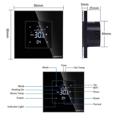 Termostat cu fir USSPY®, rama sticla, control touch, smart home, Wifi, controlabil din aplicatia Tuya, Smart Life, Auriu