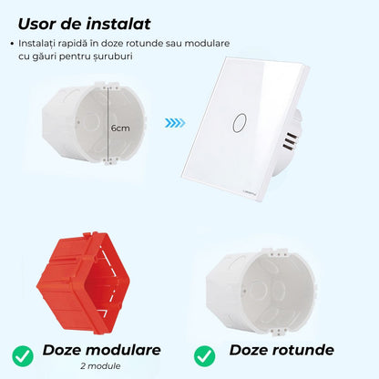 Intrerupator simplu touch, cap scara, rama sticla securizata, USSPY®, 1 canal, negru