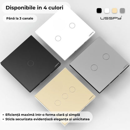 Intrerupator simplu touch, cap scara, rama sticla securizata, USSPY®, 1 canal, negru