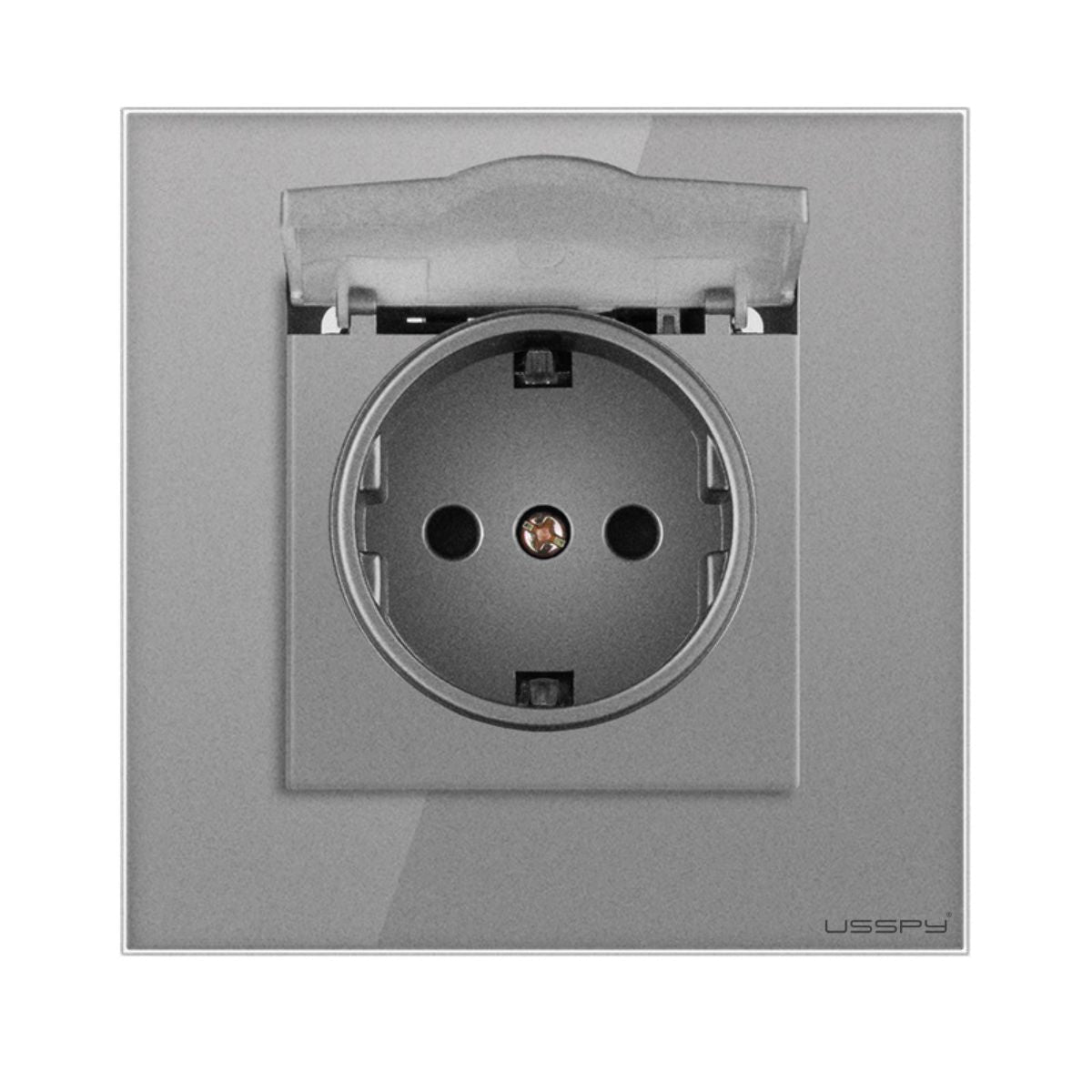 Priza cu capac, rama din sticla securizata , USSPY®, protectie copii, schuko 16A, gri