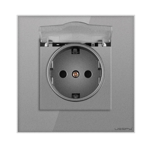 Priza cu capac, rama din sticla securizata , USSPY®, protectie copii, schuko 16A, gri