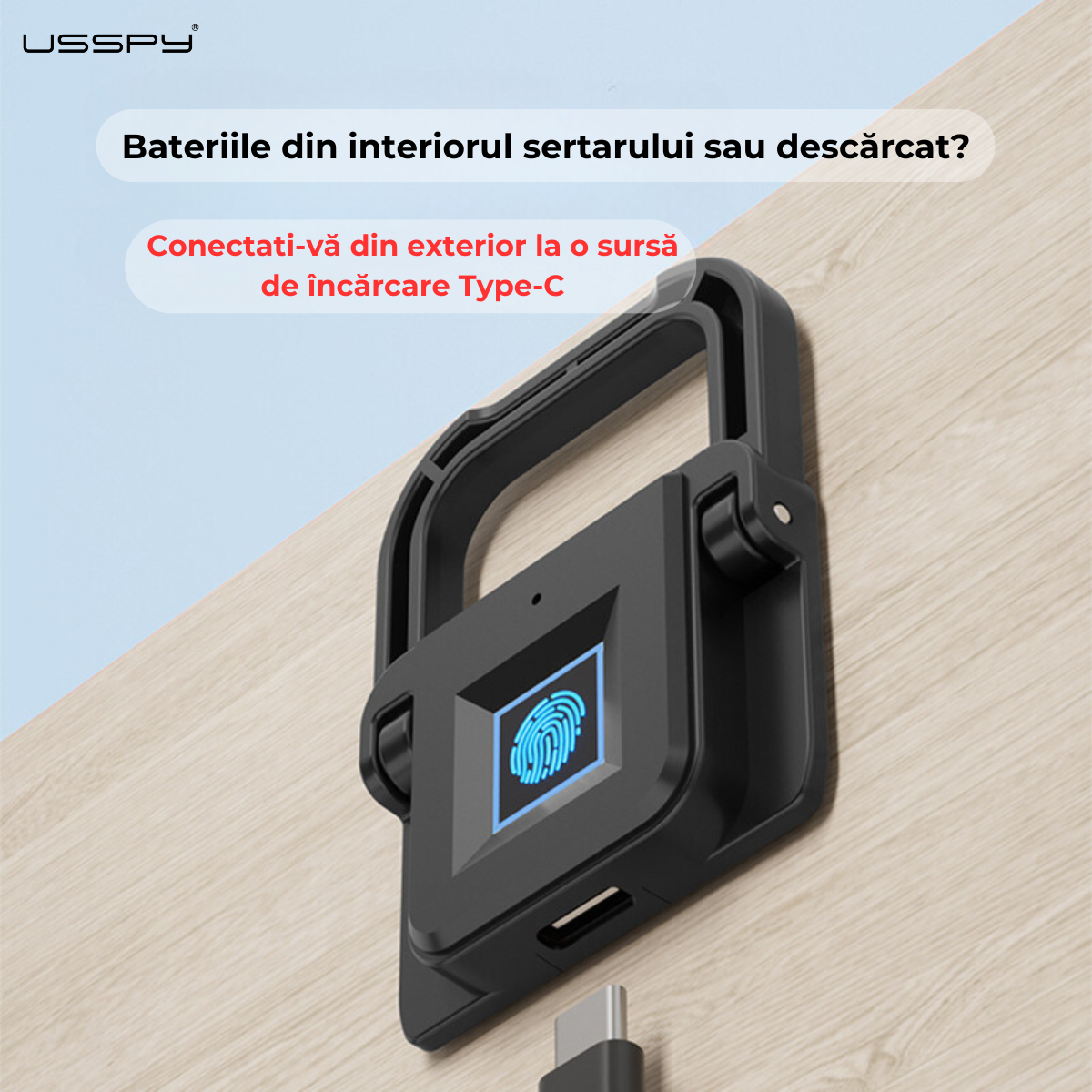 Incuietoare inteligenta cu amprenta digitala, USSPY® F007, pentru sertar, vestiar, mobilier, reincarcabila prin USB Type-C, 20 amprente, recunoastere rapida