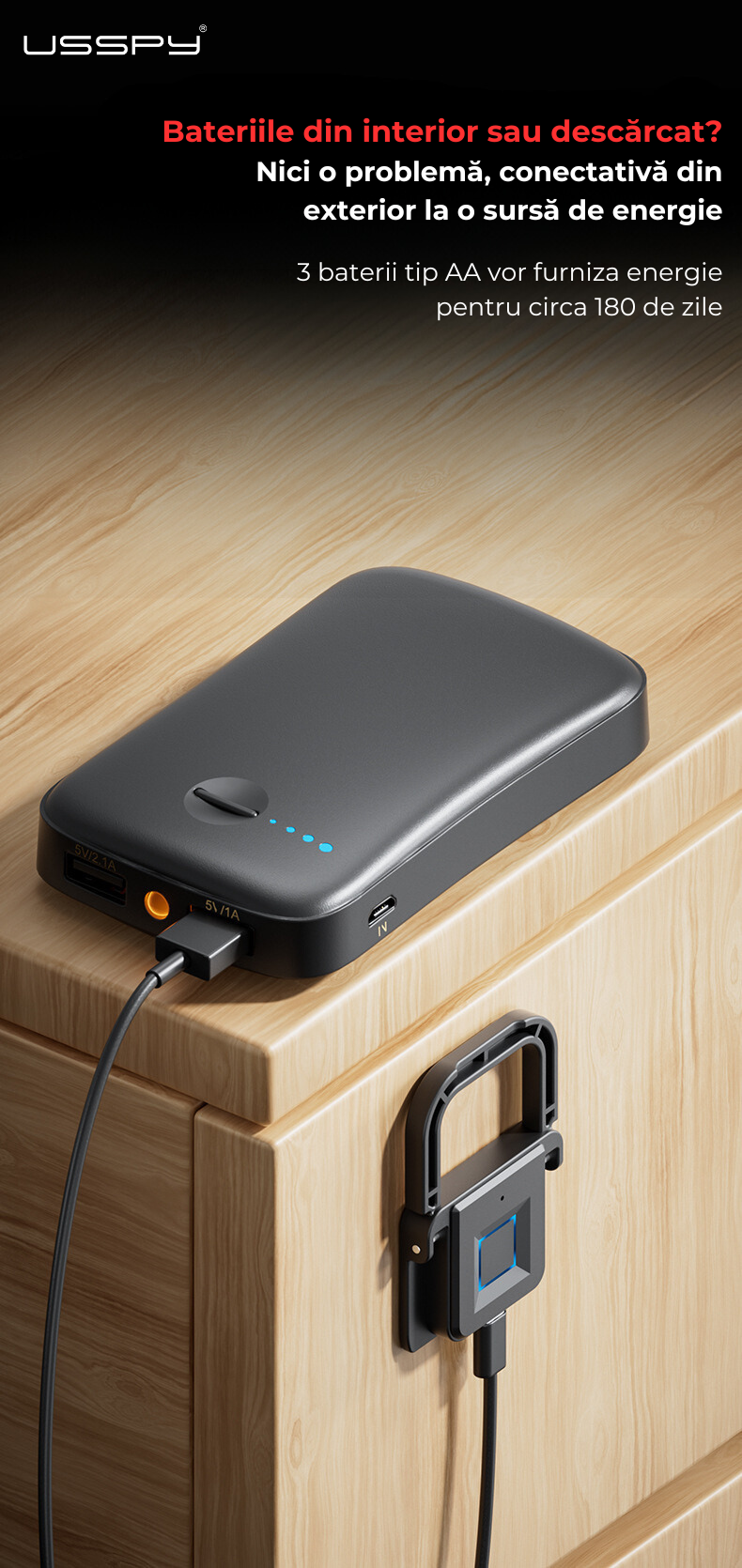 Incuietoare inteligenta cu amprenta digitala, USSPY® F007, pentru sertar, vestiar, mobilier, reincarcabila prin USB Type-C, 20 amprente, recunoastere rapida
