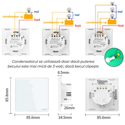 Intrerupator simplu touch, rama sticla securizata, USSPY®, 2 canale, negru