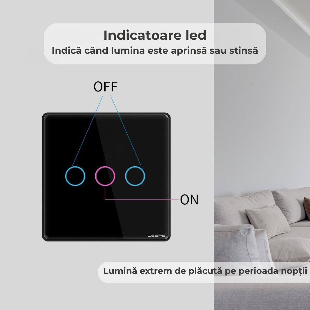 Intrerupator simplu touch, cap scara, rama sticla securizata, USSPY®, 1 canal, negru