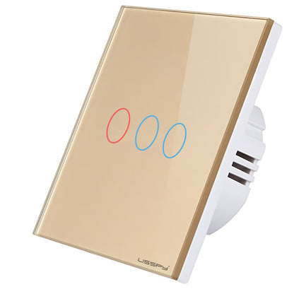 Intrerupator simplu touch, rama sticla securizata, USSPY®, 3 canale, auriu