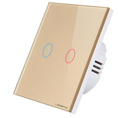 Intrerupator simplu touch, rama sticla securizata, USSPY®, 2 canale, auriu
