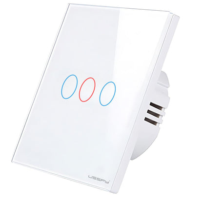 Intrerupator simplu touch, rama sticla securizata, USSPY®, 3 canale, alb