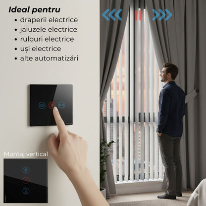Intrerupator cu touch draperii, rulouri, jaluzele, USSPY®, sticla securizata, Wifi, 1500W, Tuya, Smart Life, negru
