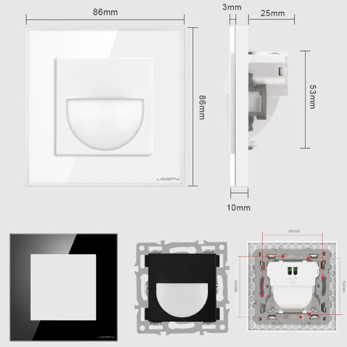 Lampa de veghe cu rama din sticla, USSPY®, LED, alb