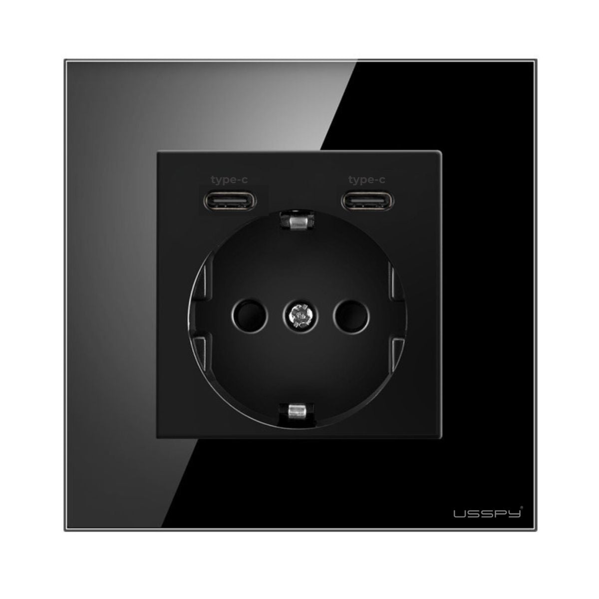 Priza cu rama din sticla securizata cu 2 USB Type-C, 5V 2.1A, USSPY®, protectie copii, schuko 16A, negru