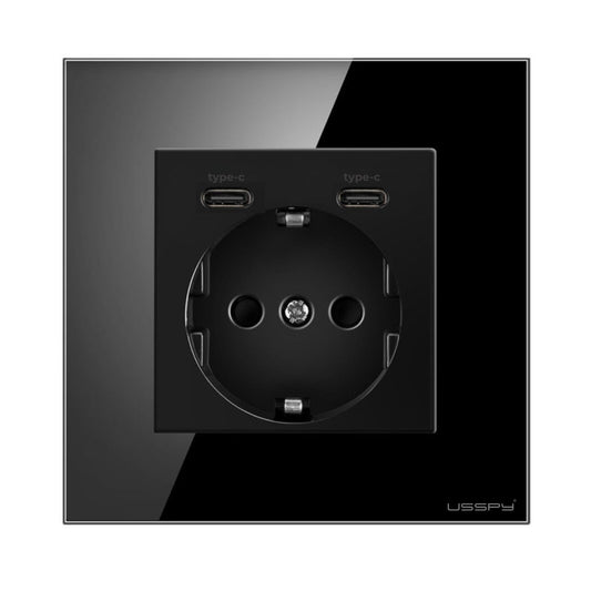 Priza cu rama din sticla securizata cu 2 USB Type-C, 5V 2.1A, USSPY®, protectie copii, schuko 16A, negru