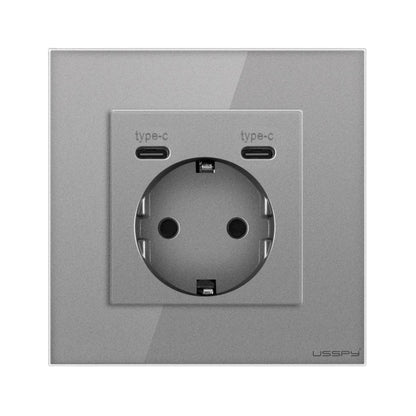 Priza cu rama din sticla securizata cu 2 USB Type-C, 5V 2.1A, USSPY®, protectie copii, schuko 16A, gri