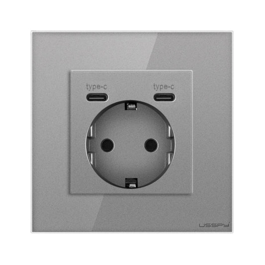 Priza cu rama din sticla securizata cu 2 USB Type-C, 5V 2.1A, USSPY®, protectie copii, schuko 16A, gri