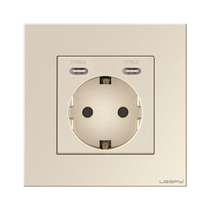 Priza cu rama din sticla securizata cu 2 USB Type-C, 5V 2.1A, USSPY®, protectie copii, schuko 16A, auriu