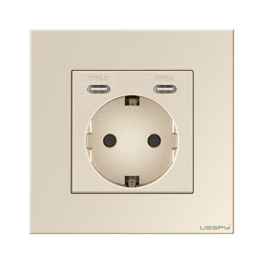 Priza cu rama din sticla securizata cu 2 USB Type-C, 5V 2.1A, USSPY®, protectie copii, schuko 16A, auriu