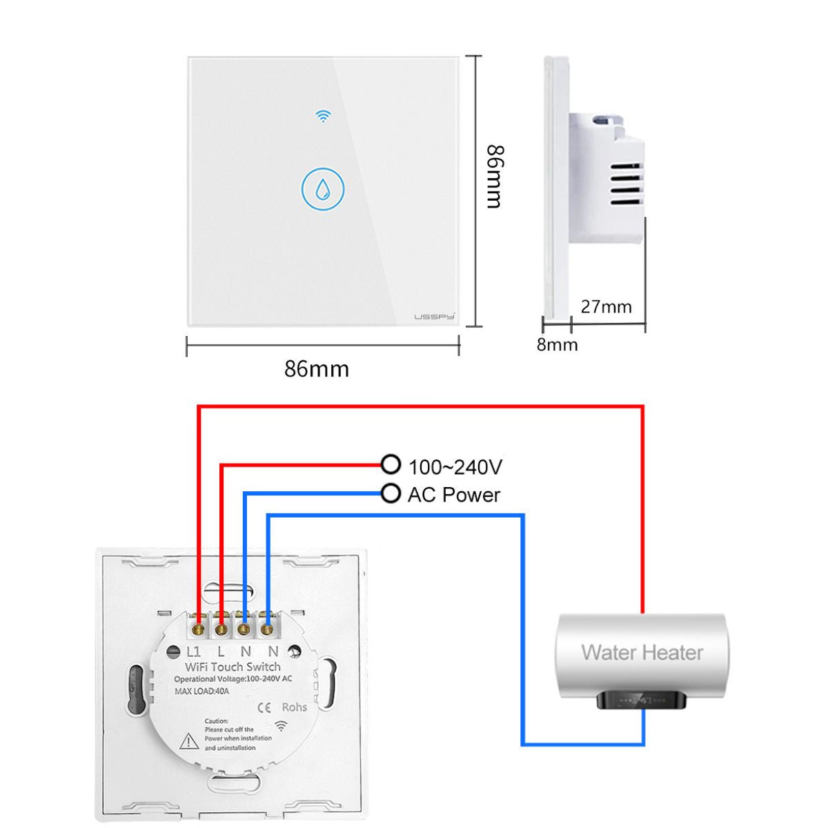Intrerupator inteligent cu touch de putere 40A, USSPY®, smart home, Wifi, rama sticla securizata, Tuya, Smart Life, gri