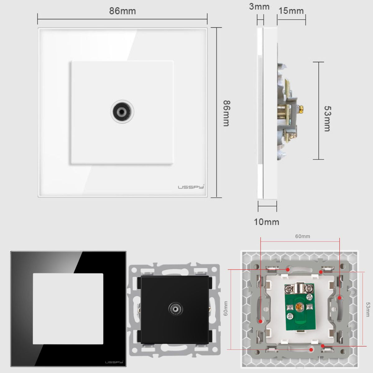 Priza TV cu rama din sticla securizata, USSPY®, alb