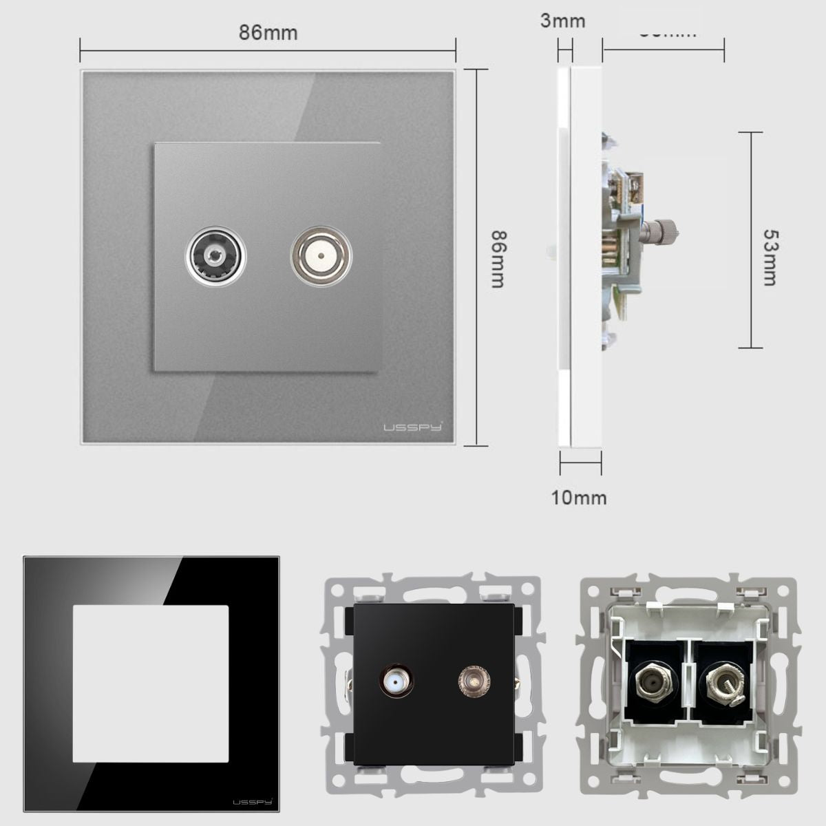 Priza cablu + TV cu rama din sticla securizata, USSPY®, negru