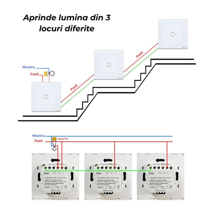 Intrerupator simplu touch, cap scara, rama sticla securizata, USSPY®, 1 canal, negru