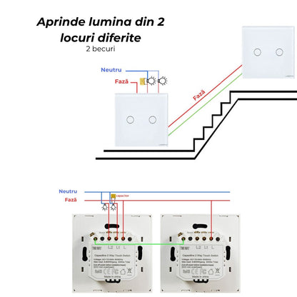 Intrerupator simplu touch, cap scara, rama sticla securizata, USSPY®, 2 canale, auriu