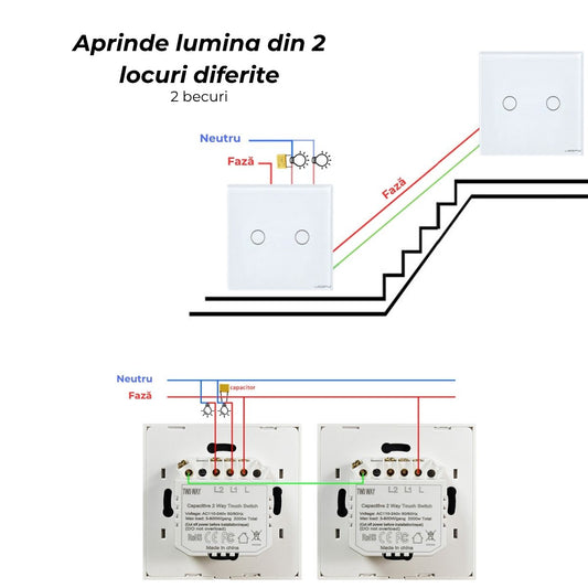 Intrerupator simplu touch, cap scara, rama sticla securizata, USSPY®, 2 canale, negru