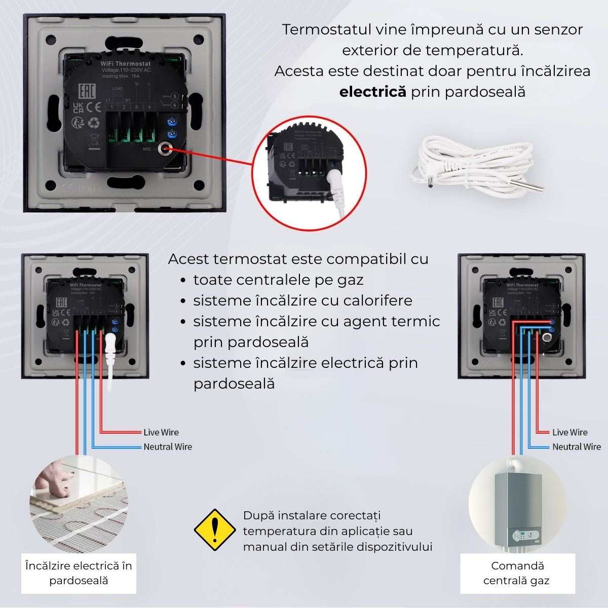 Termostat cu fir USSPY®, rama sticla, control touch, smart home, Wifi, controlabil din aplicatia Tuya, Smart Life, Auriu