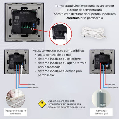 Termostat cu fir USSPY®, rama sticla, control touch, smart home, Wifi, controlabil din aplicatia Tuya, Smart Life, Auriu
