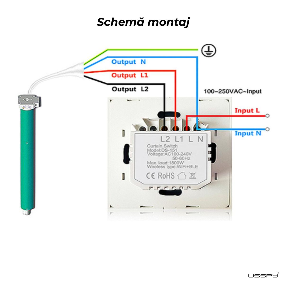 Intrerupator cu touch draperii, rulouri, jaluzele, USSPY®, sticla securizata, Wifi, 1500W, Tuya, Smart Life, negru