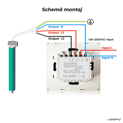 Intrerupator cu touch draperii, rulouri, jaluzele, USSPY®, sticla securizata, Wifi, 1500W, Tuya, Smart Life, negru