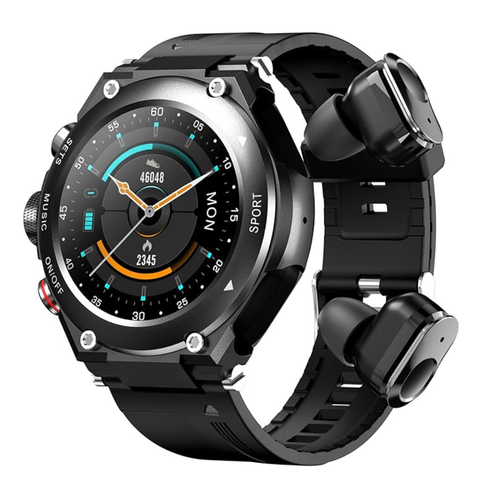 Ceas smartwatch cu casti Bluetooth incorporate, 3 in 1, USSPY, ritm cardiac, tensiune arteriala, calorii, temperatura corporala, monitor de somn, pedometru si tracker de fitness, negru