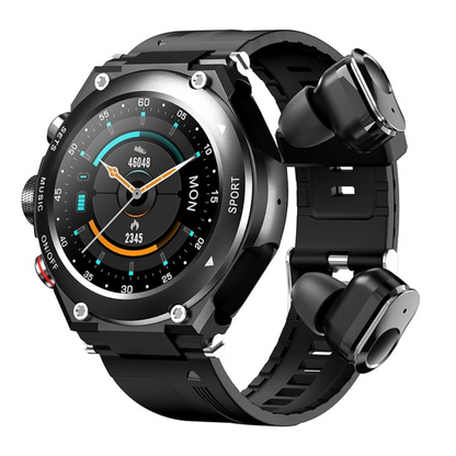 Ceas smartwatch cu casti Bluetooth incorporate, 3 in 1, USSPY, ritm cardiac, tensiune arteriala, calorii, temperatura corporala, monitor de somn, pedometru si tracker de fitness, negru