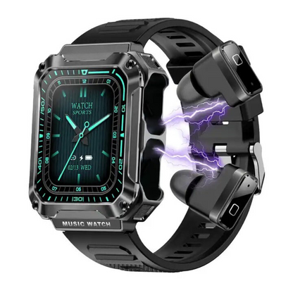 Ceas smartwatch cu casti Bluetooth incorporate, USSPY, ritm cardiac, tensiune arteriala, calorii, monitor de somn, pedometru si tracker de fitness, afisaj HD de 1,96 inchi, negru