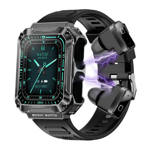 Ceas smartwatch cu casti Bluetooth incorporate, USSPY, ritm cardiac, tensiune arteriala, calorii, monitor de somn, pedometru si tracker de fitness, afisaj HD de 1,96 inchi, negru