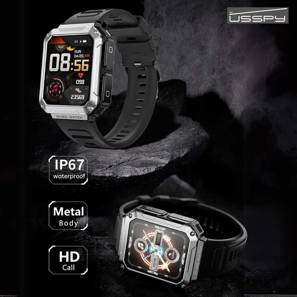 Ceas smartwatch cu casti Bluetooth incorporate, USSPY, ritm cardiac, tensiune arteriala, calorii, monitor de somn, pedometru si tracker de fitness, afisaj HD de 1,96 inchi, portocaliu