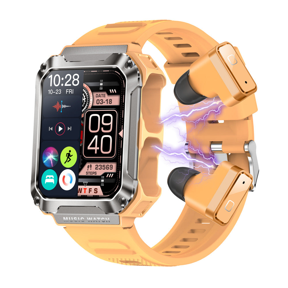 Ceas smartwatch cu casti Bluetooth incorporate, USSPY, ritm cardiac, tensiune arteriala, calorii, monitor de somn, pedometru si tracker de fitness, afisaj HD de 1,96 inchi, portocaliu
